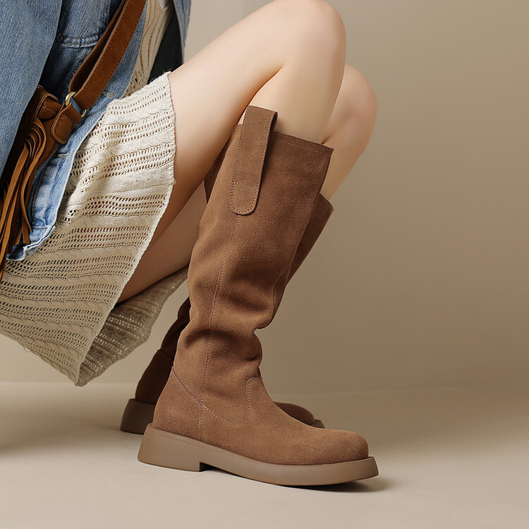 真皮平底小个子长筒靴