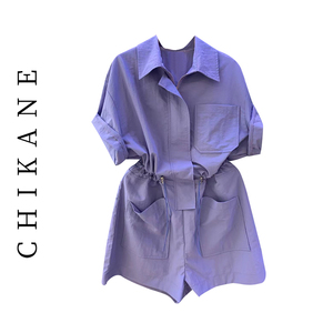 CHIKANE 小众抽绳收腰连体裤宽松显瘦遮肚子POLO领工装阔腿裤子女