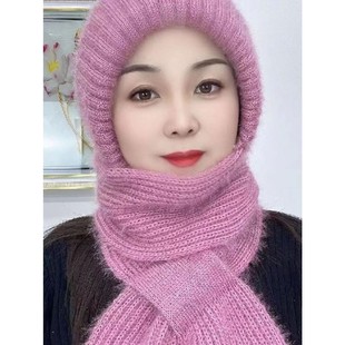 帽子秋冬季保暖女毛线帽加绒加厚围巾一体风雪帽子针织防寒妈妈帽