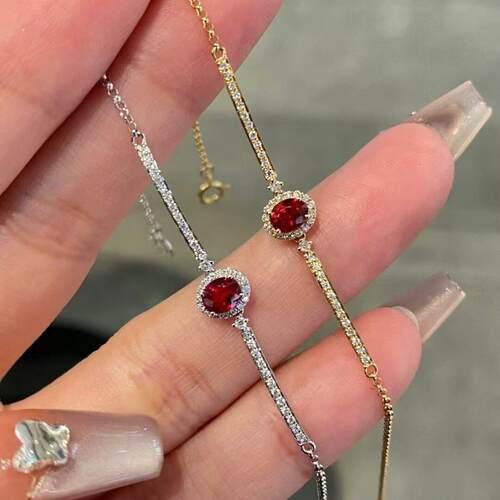 18K金女镶南非高品质钻石 0.35克拉天然红宝石手链真金真钻送证书