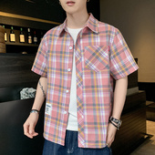 短袖 男学生韩版 日系经典 寸衫 短信小外套 夏装 格纹衬衣衬褂新款 衬衫