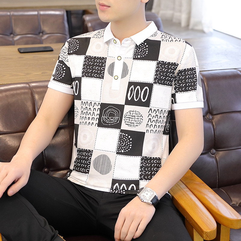 黑白格子短袖t恤小翻领商务休闲polo衫男青年个性帅气夏装体恤额