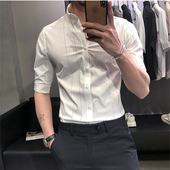 条纹衬衫 男短袖 修身 夏季 休闲免熨烫抗皱痞帅五分中袖 白色衬0130r