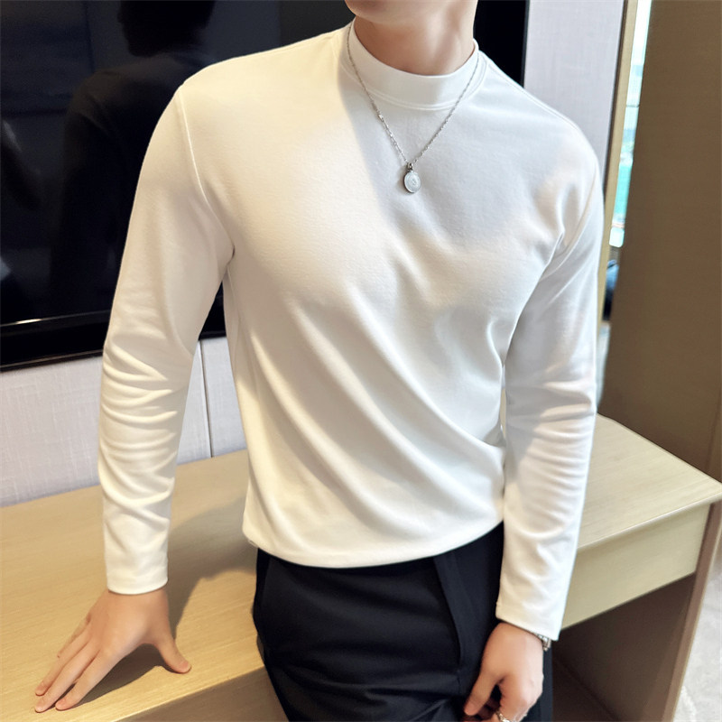 春季白色纯棉内搭衣男半高领内搭中圆领可外穿男士长袖T恤高级感图片