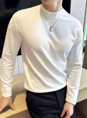 秋冬季白色半高领打底衫男长袖圆领修身款小中领西服内搭t恤0120k