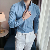 休闲潮牌免熨烫痞帅小众设计法式 高级感大领衬衫 男长袖 V领衬0130r