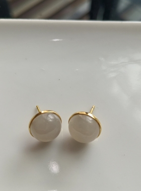 和田玉耳钉烟灰色青玉耳饰925银镶嵌新中式国风简约百搭气质耳环