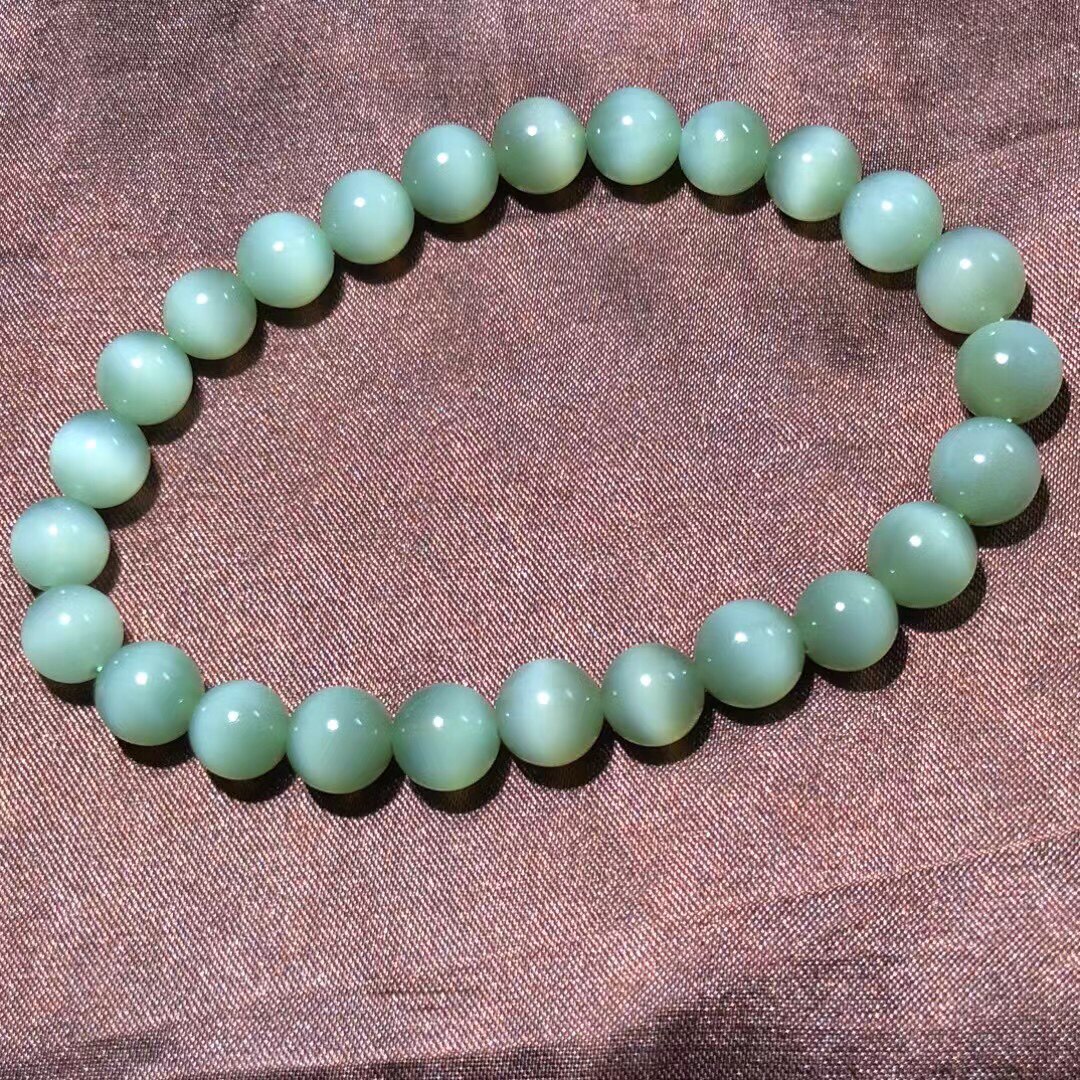 特价款天然俄料和田玉碧玉粉青色猫眼圆珠手串手链7mm女款带证书
