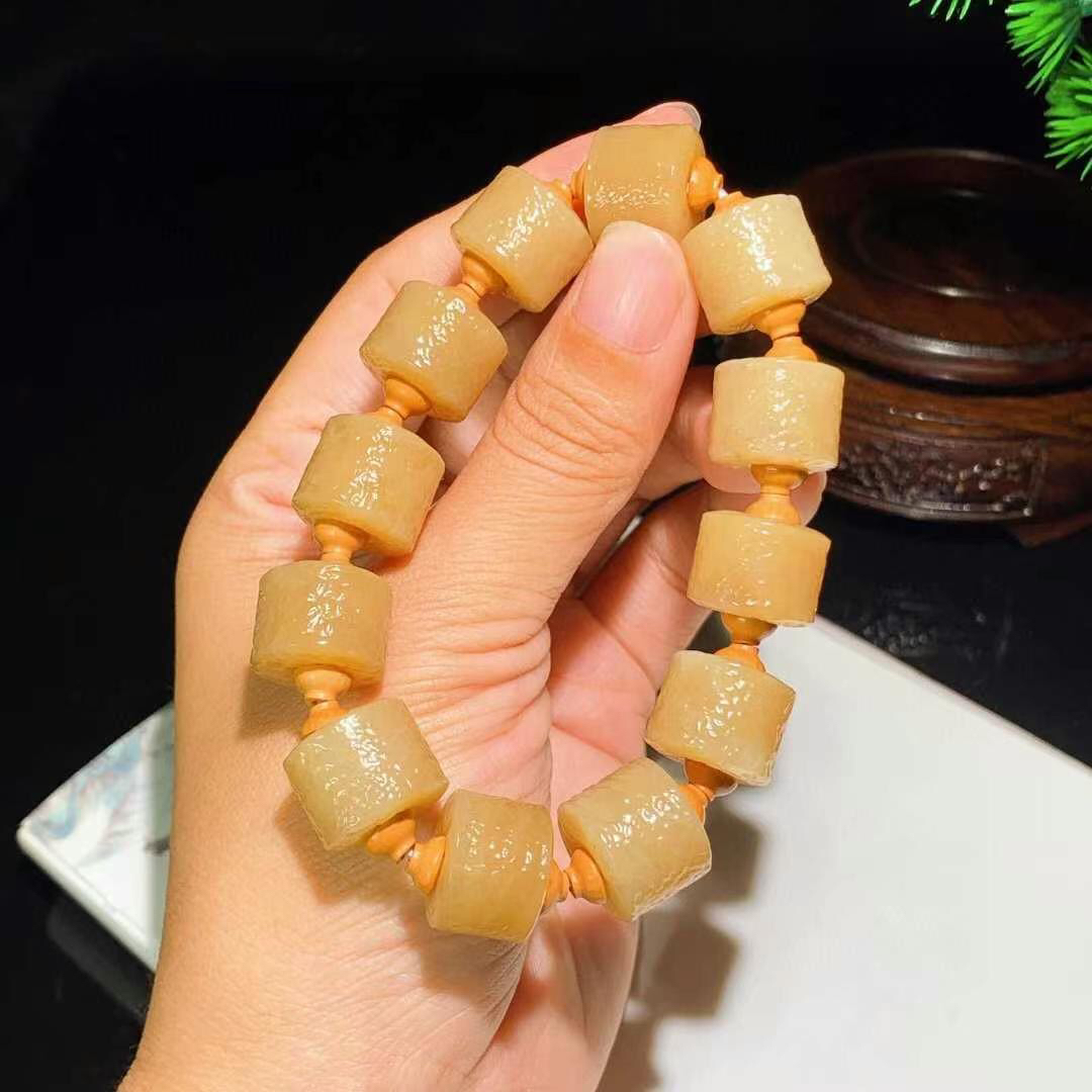 新疆和田玉且末糖蜜糖桶珠转运珠手串糖黄玉手链12/14mm男女款