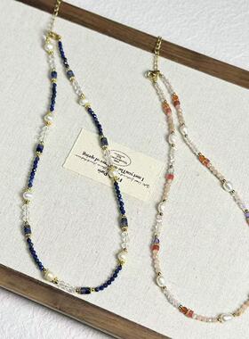 春夏新品复古天然石彩色项链淡水珍珠百搭高级感锁骨链精致项链女