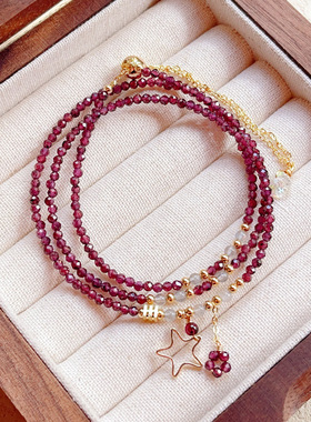 14k包金 天然酒红色 石榴石切面手链 三圈多层手链手串 批发