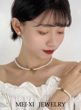 碧玉珍珠项链和田玉强光淡水珍珠手链复古优雅珠宝法式百搭锁骨链