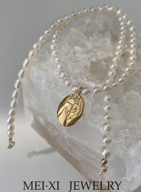 玫瑰花吊坠淡水珍珠项链强光米珠锁骨链复古优雅轻奢手作定制礼物