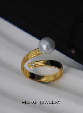 s925纯银镀金珍珠戒指小众设计师