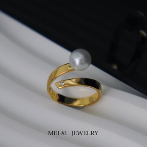 「星晴」锆石珍珠戒指高级气质轻奢纯银戒指开口可调节