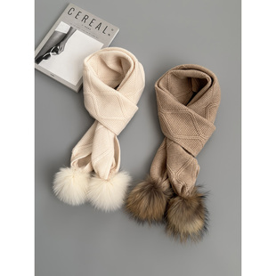 山羊绒羊毛混纺 真狐狸毛球围巾2025新款今年流行爆款 毛线围脖
