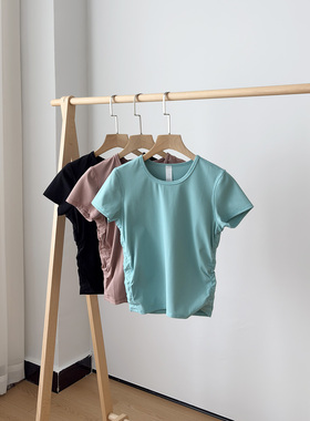 松弛运动感 all it takes 莫代尔高弹 女士螺纹褶皱健身短袖T恤