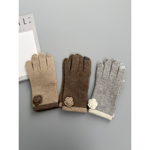 女士毛线针织玫瑰花刺绣保暖 手机触屏 英国单 100%山羊绒手套