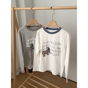 棉质很赞！休闲百搭 2026女士圆领印花宽松长袖T恤citywalk复古风