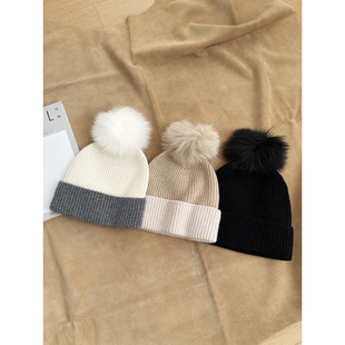 女士针织毛线保暖时尚 真狐狸毛球 帽子 100%纯山羊绒 洋气又高级