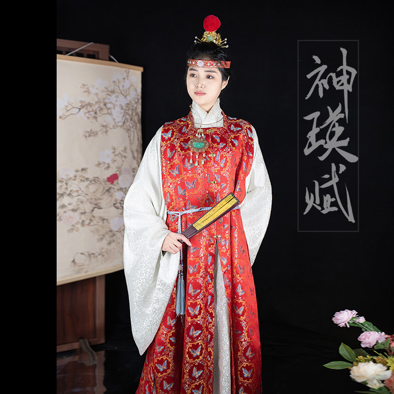 赭颜汉服原创《神瑛赋》明制织金妆花金色蝴蝶红色方领比甲罩甲