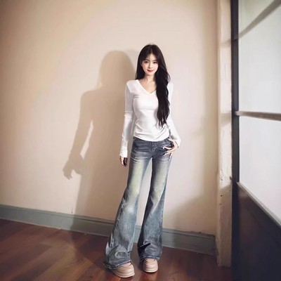 白色正肩v领长袖上衣女春秋