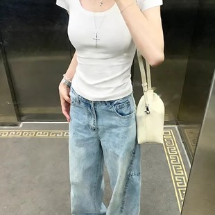 U领正肩短袖T恤女U型领修身显瘦辣妹风简约百搭打底上衣夏天穿搭