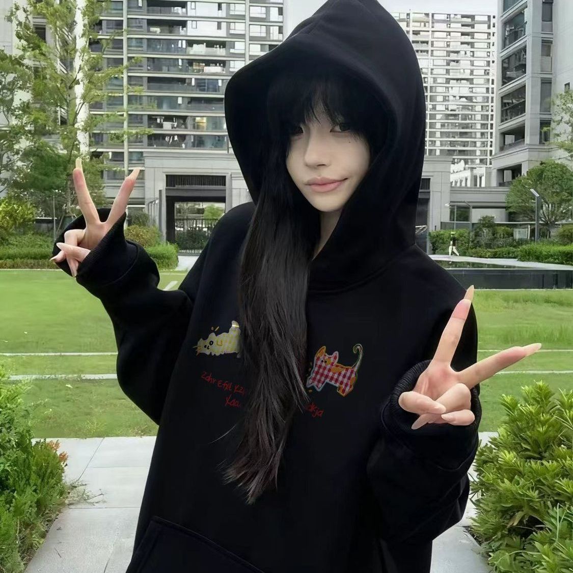 格子猫连帽秋冬2O25新款黑色加绒加厚宽松卫衣宽松外套