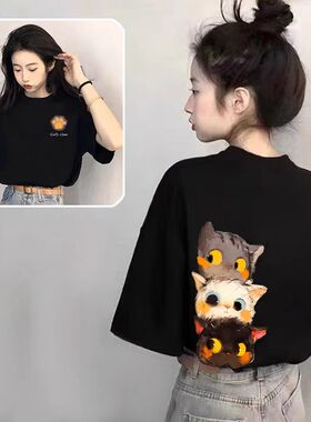 卡通短袖t恤女黑色2025新款爆款夏季设计感小众体恤时尚百搭上衣