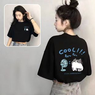 100%纯棉短袖 洋气体恤设计感小众宽松前后印花上衣 t恤女夏季 时尚