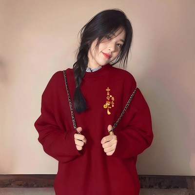 酒红色圆领加绒卫衣加厚大码上衣