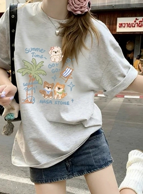 重磅棉质圆领短袖T恤女猫狗图案白灰色显瘦上衣高级感小众设计感