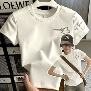 棉质夏季新款正肩圆领创意印花设计感穿搭休闲百搭短袖T恤女上衣