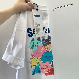 新款 t恤女夏季 宽松圆领学院风百搭上衣 复古卡通印花短袖 纯棉美式