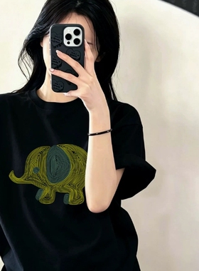 小象纯棉短袖t恤女2026新款夏季黑色亲肤上衣纯棉宽松半袖体恤衫