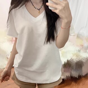 白色V领正肩短袖女夏季微胖大码女装宽松百搭鸡心领t恤女上衣T恤