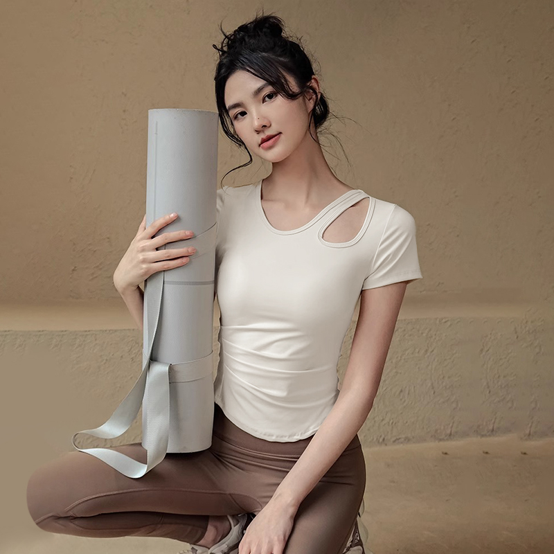 瑜伽服上衣女2025新款显瘦褶皱修身短袖运动t恤普拉提健身上衣夏