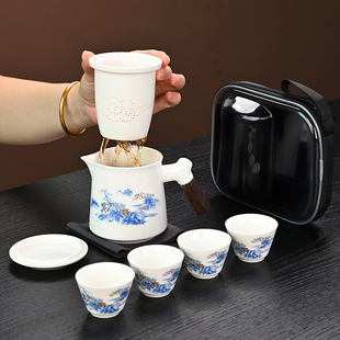 旅行茶具套装 羊脂玉一壶四杯便携式 陶瓷快客杯户外泡茶壶定制logo