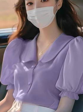 紫色短袖女2025新款夏季独特漂亮小衫法式泡泡袖雪纺上衣60002#