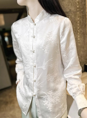 竹与鸟白色新中式国风气质衬衫上衣女春夏新款立领百搭衬衣30818#