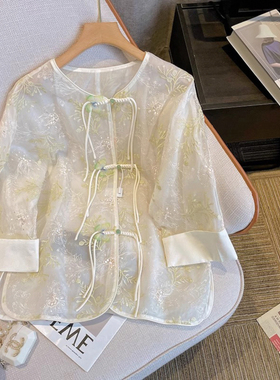 新中式圆领薄款重工刺绣衬衫女夏季国风气质七分袖衬衣小衫31295#