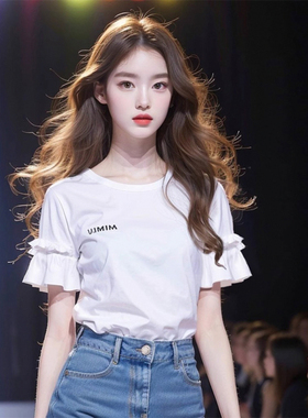 2024夏季新款宽松显瘦休闲上衣好看白色字母荷叶边短袖T恤女装