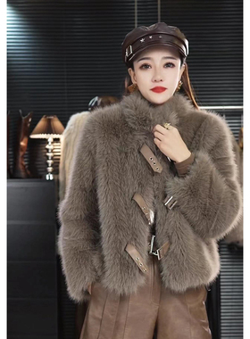 美拉德立领皮扣设计小香风毛外套冬款气质小个子毛毛外套女28699#