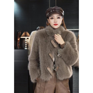 美拉德立领皮扣设计小香风毛外套冬款气质小个子毛毛外套女28699#