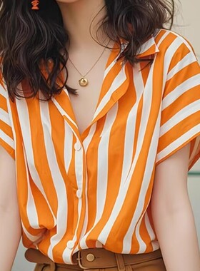 时尚气质橙色条纹翻领短袖衬衫女夏季款独特百搭通勤风上衣60029#