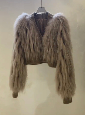 美拉德韩版气质拼接咖啡色毛毛V领外套女秋冬新款毛毛外套27882#
