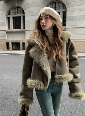 墨绿色皮毛一体机车服秋冬设计感小个子百搭毛毛机车外套27938#