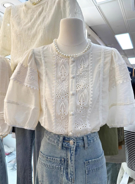 夏季韩版减龄显瘦小个子泡泡袖重工蕾丝花边拼接衬衫女装