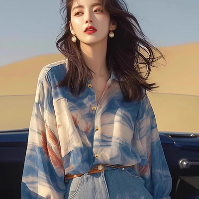 法式高级感多巴胺蓝色长袖衬衫