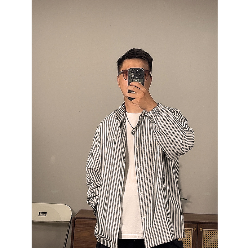 BOTB翻领长袖竖条纹宽松潮流衬衫
